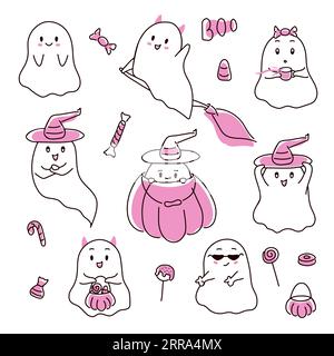 Halloween pink ghosts collection in doodle style. Happy halloween spooky characters, funny and scary creature with pumpkin. Vector illustration Stock Vector