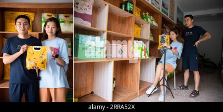 210716 -- TAIYUAN, July 16, 2021 -- In this combo photo taken on July 10, 2021, the left part shows Zhang Xukang L and his wife Yan Bo presenting a pack of millet the right part shows them promoting agricultural products through live streams, in Xiyu Village, Yuanping City, north China s Shanxi Province. Zhang Xukang, 29, returned to his hometown after retiring from military service in 2015, and started his own business selling local agricultural products such as millet and grains. Under the help of his wife, Zhang tried to sell these products online. Now their online store makes a success, an Stock Photo