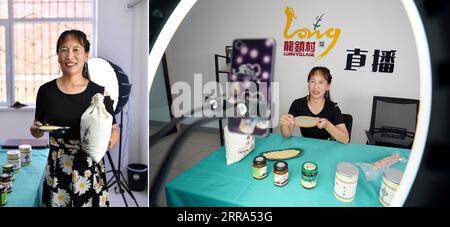 210716 -- TAIYUAN, July 16, 2021 -- In this combo photo taken on July 8, 2021, the left part shows Song Junli working in a livestreaming studio of an e-commerce service center and the right part shows Song Junli introducing agricultural products through live streams in Longzhen Village, Pingshun County, north China s Shanxi Province. Back in 2018, Song, 29, attended an e-commerce training program, where she was encouraged by her mentor to try her first livestreaming. With her persistence and help from her mentor, she attracts quite a number of followers who always like to ask her to recommend Stock Photo