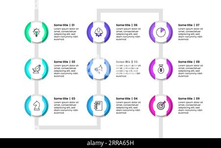 Infographic template with icons and 9 options or steps. Zig zag line. Can be used for workflow layout, diagram, banner, webdesign. Vector illustration Stock Vector