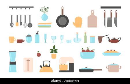 Kitchen utensils set. Kitchenware, equipment and tools for cooking. Flat vector illustration in cartoon style isolated on white background Stock Vector