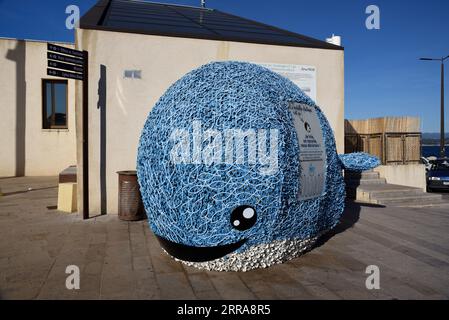 Smiling Whale Shaped Rubbish Bin or Trash Can for Recycling Plastic Bottles and Other Plastic Waste Stock Photo