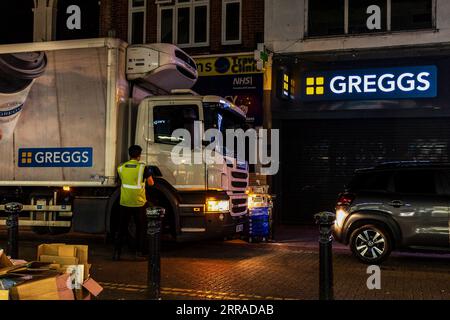 London, UK. 06th Sep, 2023. A staff of Greggs is seen at the Greggs delivery van in London. Greggs plc is a British bakery chain operator that offers breakfast items, beverages, snacks, and salads, and is seen delivery to the store in London. (Photo by May James | SOPA Images/Sipa USA) Credit: Sipa USA/Alamy Live News Stock Photo