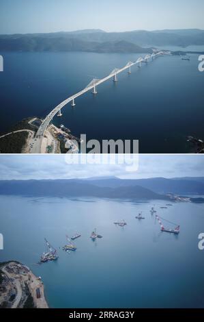 210730 -- KOMARNA, July 30, 2021 -- Combo aerial photo shows the Peljesac Bridge after its final connection up, taken on July 29, 2021 and during construction down, taken on Feb. 1, 2020  at Mali Ston Bay near Komarna of southern Croatia. The final piece of steel box girder for the Peljesac Bridge in southern Croatia was lifted and welded with the main structure on late Wednesday night. The 2.4-km cable-stayed bridge over the Mali Ston Bay of the Adriatic Sea connects Croatian mainland and the Peljesac Peninsula of its southernmost Dubrovnik-Neretva County, bypassing a short strip of Bosnian a Stock Photo