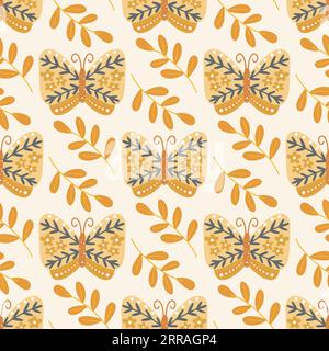 Boho background with butterflies vector illustration. Botanical seamless pattern with moths and foliage. Autumn nature print for textile, wallpaper Stock Vector