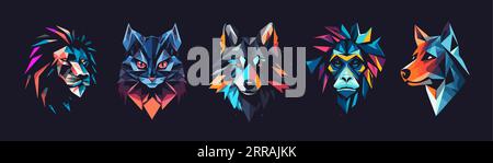 Vibrant animal portrait icon set. Geometric heads with modern luminous colors. Wild predators head in a futuristic polygonal style for logo, emblem Stock Vector