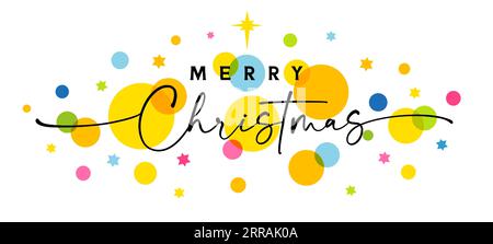 Merry Christmas elegant lettering with colored circles and stars. Vector nativity illustration with calligraphy and xmas star. Greeting card design fo Stock Vector