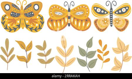 Hand drawn set of butterflies and leaves. Autumn moths, foliage and twigs, isolated clip art, vector illustration Stock Vector