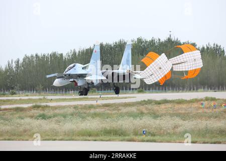 210805 -- YINCHUAN, Aug. 5, 2021 -- A Russian Su-30 fighter conducts adaptive training for a joint military drill with China on Aug. 4, 2021. A joint military exercise by the Chinese and Russian armies will be held from Aug. 9 to 13 at a training base of the People s Liberation Army PLA in northwest China s Ningxia Hui Autonomous Region. TO GO WITH Chinese, Russian militaries to hold joint drill in NW China Photo by /Xinhua CHINA-RUSSIA-MILITARIES-JOINT DRILL-PREPARATION CN TangxJian PUBLICATIONxNOTxINxCHN Stock Photo