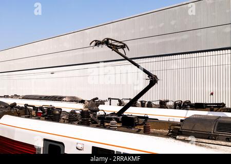 A raised pantograph and electrical equipment on the roof of a modern passenger train providing traction power from overhead live electric wires Stock Photo