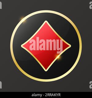 Diamonds chip sign icon. Glossy playing card suit symbol with gold border. Vector illustration token chip. Black background Stock Vector