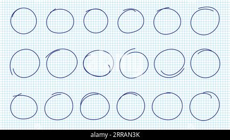 Hand drawn pen circles line sketch set on notebook pages. Drawing blue pen circular scribble doodle round circles. Vector illustration. Stock Vector
