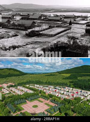 210811 -- HOHHOT, Aug. 11, 2021 -- In this combo photo, the upper part shows the earliest Duobukur Village for hunting people in Dayangshu Township of Oroqen Autonomous Banner, north China s Inner Mongolia Autonomous Region and the lower part taken by on Aug. 6, 2021 shows a general view of the same village. Oroqen, dubbed China s last hunting ethnic minority, is one of the smallest ethnic groups in China. They used to live a nomadic life, hunting in the forests. After the establishment of the Oroqen Autonomous Banner in 1951, the lives of the Oroqen people changed for the better. By 1958, man Stock Photo