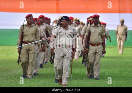 210813 -- NAGAON, Aug. 13, 2021 -- Indian policemen take part in a full dress rehearsal ahead of India s Independence Day in Nagaon district of India s northeastern state of Assam, Aug. 13, 2021. Str/Xinhua INDIA-ASSAM-NAGAON-INDEPENDENCE DAY-REHEARSAL JavedxDar PUBLICATIONxNOTxINxCHN Stock Photo