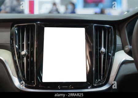 Futuristic driving unfolds on the pristine canvas of a digital dashboard. White mockup screen hints at a realm of customizable possibilities. Stock Photo