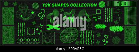 Abstract geometry wireframe shapes and patterns, cyberpunk elements, signs and perspective grids. Surreal geometric retro signs. Rave psychedelic futu Stock Vector