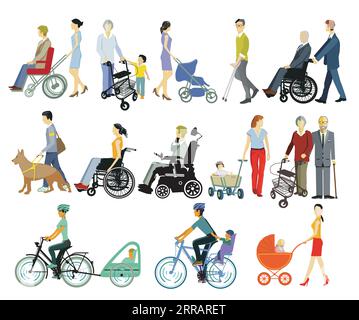 Group of people with disabilities and walking aids, isolated Stock Vector