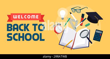 Welcome back to school: book and assorted school supplies, learning and education concept, banner with copy space Stock Vector