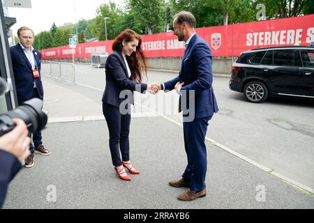 Oslo 20230907.Football president Lise Klaveness receives Crown Prince Haakon, who will participate in a round table discussion about the Norwegian Football Association's international work together with Prince Ali bin Al Hussein, football president in Jordan, former football president Per Ravn Omdahl at Ullevaal Stadium. Photo: Stian Lysberg Solum / NTB Stock Photo