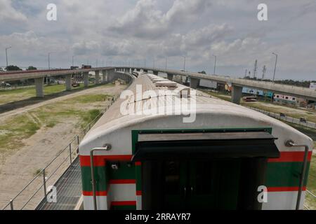 Munshiganj, Bangladesh - September 07, 2023: A special train operated by Bangladesh Railway on a test run on the 82-km Dhaka-Bhanga line via the Padma Stock Photo