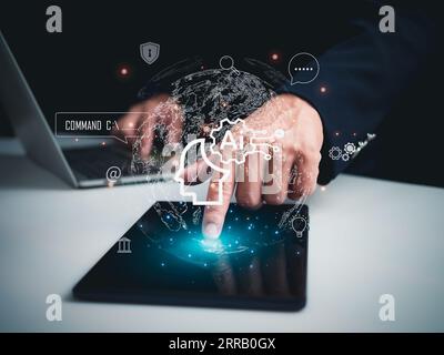 businessman holding brain of AI, Symbolic, Machine learning, artificial intelligence of futuristic technology, AI network of brain on business analysi Stock Photo
