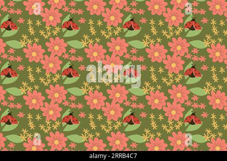 seamless pattern with ladybugs, daisy flowers Stock Vector