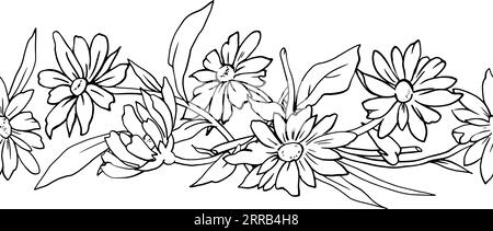 Seamless ribbon of chamomile flower with leaves. Monochrome graphic line drawing. Vector image. Drawing by hand. For printing on adhesive tape, textile and packaging tape. An endless strip of daisies. Vector illustration Stock Vector