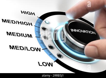 Hand turning an innovation knob to the highest position. Composite image between a photography and a 3D background. Stock Photo