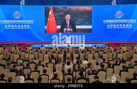 210902 -- BEIJING, Sept. 2, 2021 -- Chinese President Xi Jinping addresses the Global Trade in Services Summit of the 2021 China International Fair for Trade in Services via video, Sept. 2, 2021.  CHINA-XI JINPING-CIFTIS-SUMMIT-SPEECH CN YuexYuewei PUBLICATIONxNOTxINxCHN Stock Photo