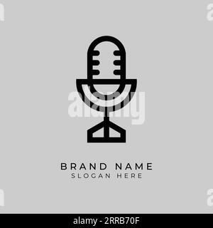 Podcast radio icon illustration. Studio table microphone with brand name text. Webcast audio record concept logo Stock Vector