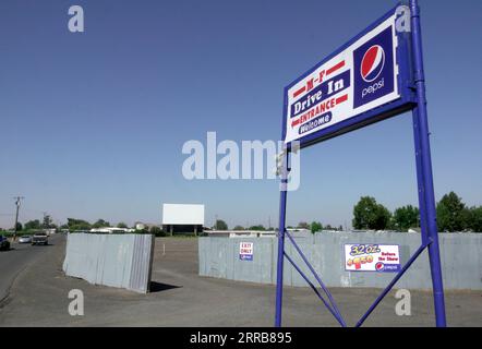 One of America's few outdoor drive in theaters, the M&F Drive In, still in operation, in La Grande, Oregon. Stock Photo