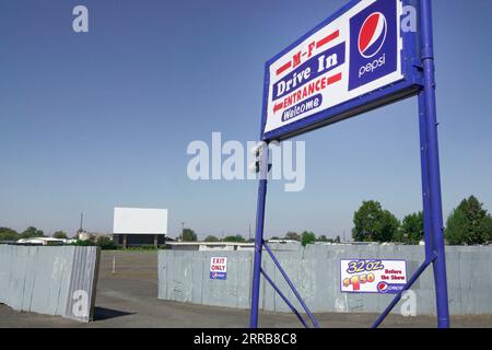 One of America's few outdoor drive in theaters, the M&F Drive In, still in operation, in La Grande, Oregon. Stock Photo