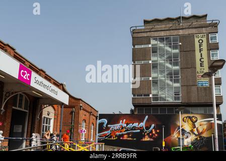 c2c Southend Central railway station with part of the Southend City Jam graffiti art event around Southend on Sea, Essex, UK. Large Southend text Stock Photo