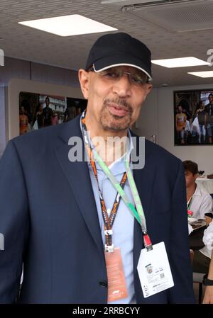 Monza, Italy. 03rd Sep, 2023. MONZA, Italy, 3. September 2023; Mr. H. E Khalid ALFALIH, Minister of Investment of Saudi Arabia meets the Aston Martin Team Principal Mike KRACK of Luxembourg, a team sponsored by Saudi ARAMCO during his visit in the Parco di Monza, Autodromo, Formula One, F1, Italian Grand Prix, Grosser Preis von Italien, GP d'Italie, Motorsport, Race, Formel1, Honorarpflichtiges Foto, Fee liable image, Copyright © Arthur THILL/ATP images (THILL Arthur/ATP/SPP) Credit: SPP Sport Press Photo. /Alamy Live News Stock Photo