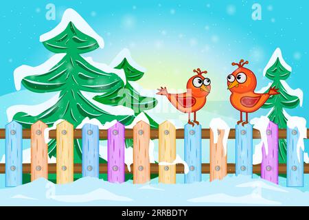 Two red birds sitting on fence. Cartoon landscape with red bird on fence, snow and fir trees. Christmas winter scene with snowfall. Rural forest view Stock Vector