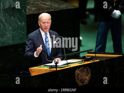 210921 -- UNITED NATIONS, Sept. 21, 2021 -- U.S. President Joe Biden speaks during the General Debate of the 76th session of the United Nations General Assembly at the UN headquarters in New York, on Sept. 21, 2021. Biden said in a speech at the United Nations on Tuesday that the United States is opening a new chapter of diplomacy after ending the two-decade Afghan war.  UN-GENERAL ASSEMBLY-GENERAL DEBATE WangxYing PUBLICATIONxNOTxINxCHN Stock Photo