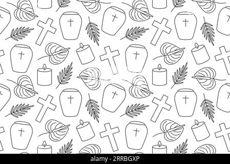 seamless pattern with funeral line icons: cross, urn, candle, anthurium flower and leaves- vector illustration Stock Vector