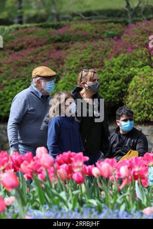 210926 -- WELLINGTON, Sept. 26, 2021 -- Citizens wearing face masks view blooming tulips at the Botanic Garden of Wellington in Wellington, capital of New Zealand, Sept. 26, 2021. Photo by /Xinhua NEW ZEALAND-WELLINGTON-SPRING MengxTao PUBLICATIONxNOTxINxCHN Stock Photo