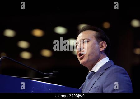 210926 -- BUCHAREST, Sept. 26, 2021 -- Romania s Prime Minister and the new chairman of National Liberal Party PNL Florin Citu addresses PNL Congress in Bucharest, Romania, Sept. 25, 2021. Romanian Prime Minister Florin Citu was elected Saturday Chairman of the main ruling National Liberal Party PNL at the party congress. Citu, 49, won 60.2 percent of the votes in the voting of nearly 5,000 delegates from around the country, defeating incumbent Chairman and Speaker of the Chamber of Deputies Ludovic Orban who sought a new mandate. Photo by /Xinhua ROMANIA-BUCHAREST-PNL-NEW CHAIRMAN CristianxCr Stock Photo