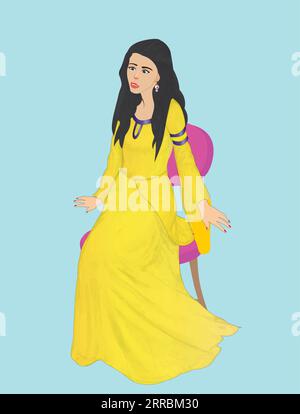 Girl wearing long yellow gown sitting on a chair Stock Vector