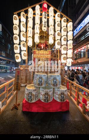 KYOTO, JAPAN - JULY 14, 2023:  Floats displayed for the annual summer Gion Festival at night. Stock Photo