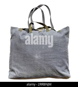 full closed handcrafted gray corduroy tote bag isolated on white background Stock Photo