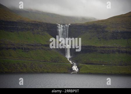 Fossa, the tallest set of waterfalls in the Faroe Islands. Stock Photo