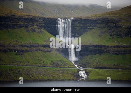 Fossa, the tallest set of waterfalls in the Faroe Islands. Stock Photo