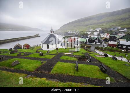 A church, built in 1932 at Haldorsvik on Streymoy island in the Faroe Islands. Stock Photo