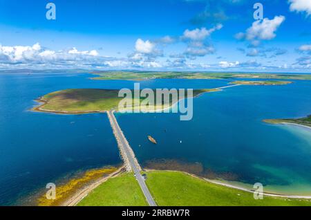 Aerial view of Churchill Barrier No.3 from Burray with Barrier 2 and 1 in distance in Orkney Islands, Scotland, UK. Stock Photo