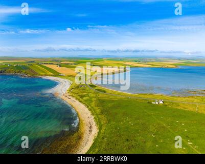 Aerial view of beaches at Taracliff Bay and Peter’s Pool at Sandi Sands on East Mainland, Upper Sanday, Orkney Islands, Scotland, UK. Stock Photo