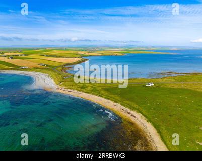 Aerial view of beaches at Taracliff Bay and Peter’s Pool at Sandi Sands on East Mainland, Upper Sanday, Orkney Islands, Scotland, UK. Stock Photo