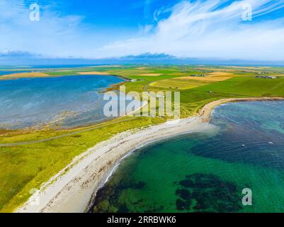 Aerial view of beaches at Taracliff Bay and Peter’s Pool at Sandi Sands on East Mainland, Upper Sanday, Orkney Islands, Scotland, UK. Stock Photo