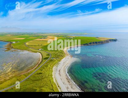 Aerial view of beaches at Taracliff Bay and Peter’s Pool at Sandi Sands on East Mainland, Upper Sanday, Orkney Islands, Scotland, UK. Stock Photo